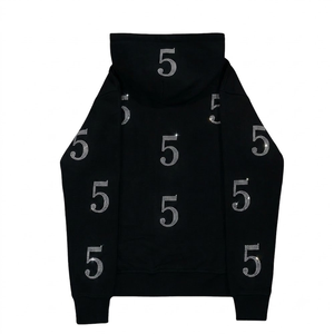 SAAR INDUSTRIES Sweat-shirt à capuche noir personnalisé avec fermeture éclair, imprimé numéro 5 en strass argentés, coupe oversize, en coton épais 100% délavé à l'acide - Product Image 3