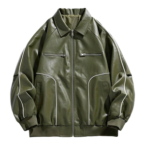 Chaqueta de Cuero para Hombre, Estilo Bomber, Cuello Camisero, Cierre de Cremallera, Color Sólido, Manga Regular, Estilo Casual Otoñal - Product Image 1