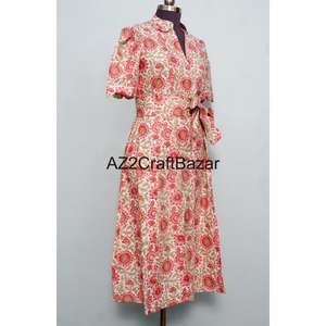 Robe midi florale en coton 100% écologique pour femmes Kangura, col en V, manches courtes, décoration boutonnée, robe de bureau pour femmes, été - Product Image 5