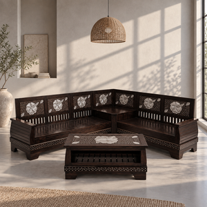 Juego de Sofás Esquineros en Forma de L de Madera Maciza Tallada Tradicional con Mesa de Centro y Patrón Floral para Sala de Estar - Product Image 6