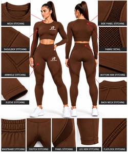 Ensemble haut court côtelé marron respirant sans coutures et leggings taille haute pour le fitness et le yoga - Product Image 6