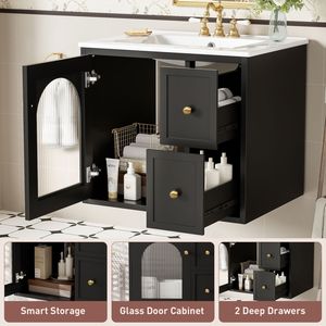 Mobile Bagno Sospeso da 24 Pollici per Spazi Ridotti con Lavabo in Ceramica, 2 Cassetti e 1 Anta con Chiusura Ammortizzata - Product Image 5