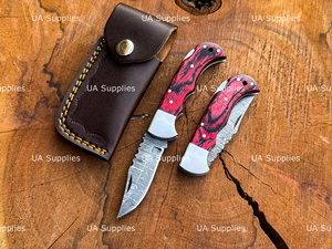 Custom Logo Damascus Steel Red Handle Back <b>Lock</b> Pocket Knife Hand Forged Folding Folder Factory Direct OEM ODM Wholesale - Product Image 6