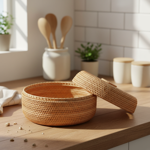 Multipurpose Rattan Basket with Lid Natural Woven Fruit Basket <b>for</b> Serving <b>Storage</b> and Home Decor - Product Image 5