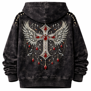 Hoodie Oversize de Luxe Écologique Streetwear Hiver, Effet Délavé Acide, Orné de Strass et Pierres Précieuses - Product Image 3