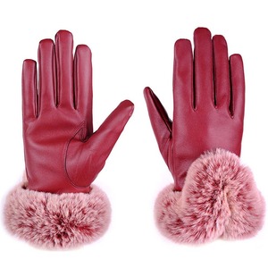 Guantes de cuero para mujer, cálidos, con forro de piel, para conducir, a prueba de viento, con pantalla táctil - Product Image 1