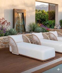 Chaise longue de luxe moderne en teck pour extérieur avec structure en corde, résistante aux UV, pour bord de piscine, mobilier de resort avec coussins - Product Image 1