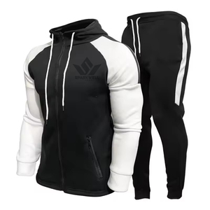 Men's Black White Hooded Tracksuit Set Full Zip <b>Hoodie</b> and Jogger Pants Color Block Casual Sportswear for Autumn - Product Image 1