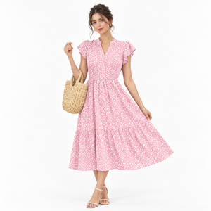 Elegante Vestido Midi con Estampado Floral Rosa, Cuello en V, Mangas con Volantes, Corte en A, Cintura Elástica, Tejido Transpirable, Casual, para Verano/Primavera - Product Image 4