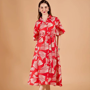 Robe midi évasée à imprimé floral, manches évasées, style indien fait main, pour femme, formelle, été, longueur midi, confortable, pour tous les jours - Product Image 1
