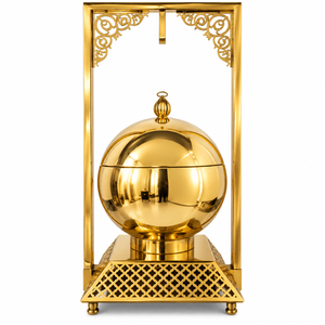 Calentador de Comida Tipo Buffet Esférico de Acero Inoxidable Dorado de Lujo Celestara Orbital Chafer con Marco Decorativo en Forma de Arco - Product Image 1