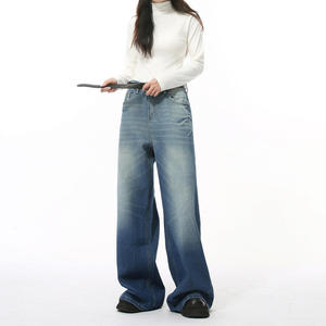 Menswear New Summer Korean-style Mid Waist High Street Lightning Washed Pattern Wide-leg Straight Denim Jeans - Product Image 3