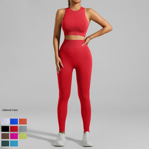 Ensemble quatre pièces de sport yoga respirant et sans coutures : haut court à bretelles antichoc, manches courtes, et pantalon de fitness taille haute rehausseur de hanches 2026 - Product Image 5