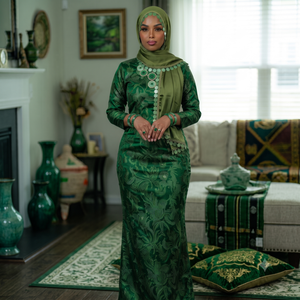 Robe Fransawi rose avec jacquard floral et hijab assorti |   Robe de mariée somalienne élégante pour les fêtes et l'Aïd - Product Image 5