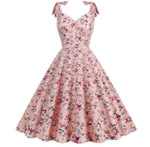 Robe d'été décontractée en coton tissé à imprimé floral vintage, coupe trapèze midi, éco-responsable, taille haute, col en V, manches courtes - Product Image 2