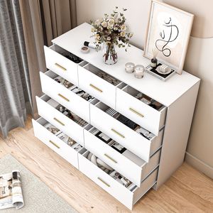 Commode double autoportante à 9 tiroirs en chêne pour chambre à coucher, armoire de rangement large pour salon, entrée, blanc - Product Image 2