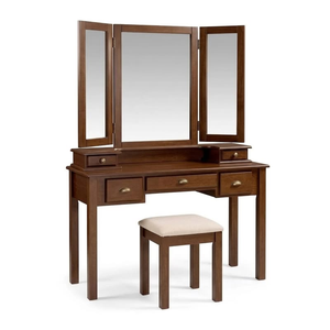 Classic Teak Solid Wood Makeup Vanity Desk Set with Tri-Fold Mirror, 5 Storage Drawers, and Cushioned <b>Stool</b> - Product Image 1