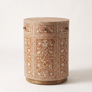 Mesita de Noche Redonda de Madera con Incrustaciones Florales de Nácar, Hecha a Mano, Mueble de Madera de Lujo con Nácar - Product Image 4