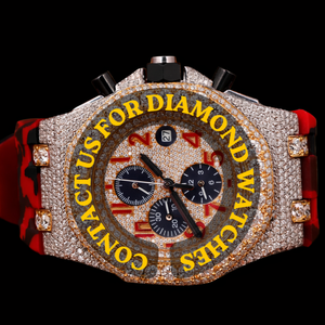 Reloj Personalizado de Lujo con Esfera Redonda de Moissanita y Diamantes, Correa de Caucho Roja y Negra, Cronógrafo - Product Image 1