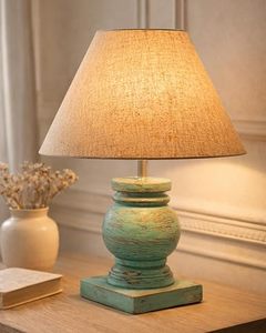<b>Green</b> Distressed Wood <b>Table</b> Lamp Jute Dome Shade Rustic Trophy Base Farmhouse <b>Bedside</b> Night Light - Product Image 1