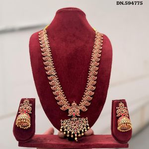Traditional South Indian Temple Long Bridal Necklace <b>Set</b> Alloy Gold Plated Zircon Earrings Vintage Wedding Anniversary Party - Product Image 1
