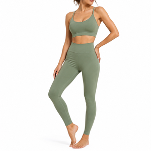 Women's Olive Green 2 Piece Yoga Set High Waist <b>Seamless</b> <b>Leggings</b> Crop Top Spaghetti Strap Solid Color Activewear - Product Image 3