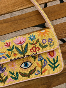 Bolso de Hombro Bohemio con Bordado de Cuentas y Diseño Floral para Mujer, Correa Única, Hecho a Mano, Ecológico, Amarillo - Product Image 2