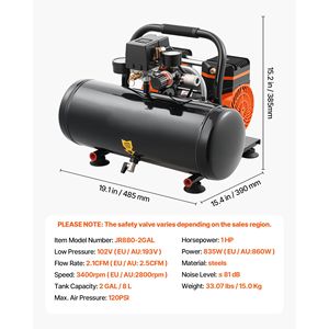 Compressore d'Aria Portatile Ultra Silenzioso da 1HP, 2.1 CFM, 8 Bar, Serbatoio in Acciaio da 2 Galloni, Senza Olio, con Pressione Massima di 120 PSI e 81 dB - Product Image 3