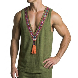 Wholesale Price Men's Ethnic Embroidered Tank Top Deep V Neck Sleeveless Muscle <b>Shirt</b> Tassel <b>Boho</b> Chic Summer Tank Tops For Men - Product Image 4