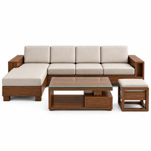 Modern L Shaped Wooden Sofa Set with Gray <b>Cushions</b> Storage Coffee Table Ottoman for Living Room Furniture - Product Image 1