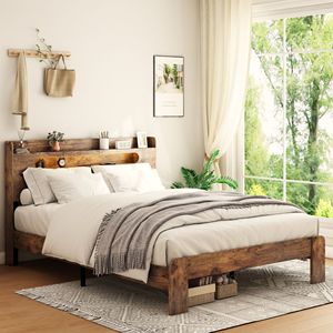 Letto Matrimoniale in Legno con Testiera Illuminata a LED e 2 Porte USB, Silenzioso, Senza Necessità di Rete a Doghe, con Contenitore - Product Image 1