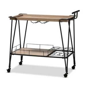 Three‑Tier Gold Rolling Cart with Metal Frame Wooden Tray <b>Shelves</b> Crossbars Mobile Serving Trolley Modern <b>Rustic</b> Storage - Product Image 3