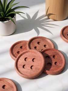 <b>Round</b> Button Shape Wooden Coasters Heat Resistant Modern Table <b>Mats</b> for Home Dining Reusable Drink Pads Dark Brown Wood Finish - Product Image 5