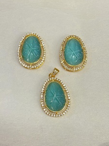 Conjunto de Colgante de Piedra Tallada Azul, Chapado en Oro de 22K, Joyería Nupcial India, Collar para Recepción de Boda, Regalo para Mujer - Product Image 3