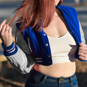 Veste courte universitaire pour femme, bleu roi et gris, style Letterman, manteau bomber, manches en similicuir, vêtement d'extérieur décontracté, mode féminine - Product Image 1