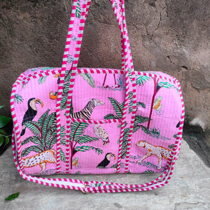 Handcrafted <b>Lightweight</b> Large Capacity Eco-Friendly Cotton Quilted Duffel Bag With Jungle Safari Block Print Long-Lasting - Product Image 1