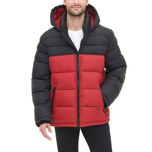 Unisex Winter Hooded Stand Collar <b>Red</b> and Black Thick 100% Nylon Puffer <b>Jacket</b> with Cotton Filling - Product Image 2