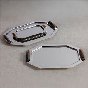 Plateau de service ovale moderne en acier inoxydable avec poignées en cuir, plateau décoratif de luxe en métal poli miroir pour hôtel et mariage - Product Image 2