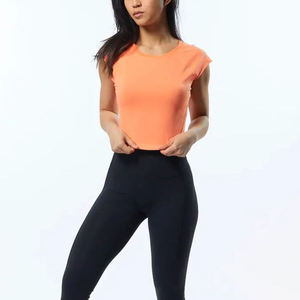 Women's Orange Cap Sleeve Crop <b>Top</b> Slim Fit Quick Dry Knitted Sporty O-Neck T-Shirt Spring Summer - Product Image 1