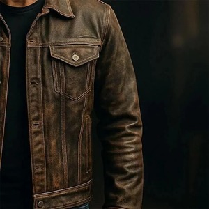 Men's Distressed Brown Leather Trucker <b>Jacket</b>, <b>Vintage</b> <b>Biker</b> Outerwear - Product Image 3