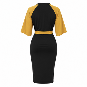 Robe midi moulante noire et or contrastée pour femme NCBW, avec manches cape, détails boutonnés et ceinture ajustée, style décontracté - Product Image 5