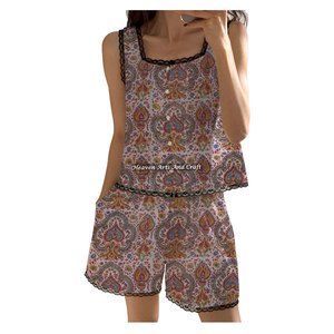 Nuevo Conjunto de Pijama de Algodón para Mujer con Encaje, Pantalones Cortos, Estampado Floral Indio, Sin Mangas, para Primavera/Verano - Product Image 2