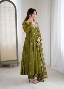 Olive <b>Green</b> <b>Silk</b> Anarkali Suit With Dupatta Silver Embroidered Floor Length Indian Pakistani Ethnic Party Set - Product Image 5