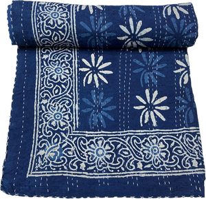 <b>Indian</b> Handmade Organic Cotton Vintage Reversible Kantha <b>Quilt</b> Eco-Friendly All-Season Wedding Home Hotel Floral Print Indigo - Product Image 1