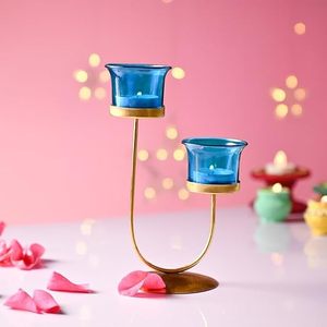 Porte-bougie double en verre bleu avec support en métal doré, décoration d'intérieur - Product Image 4