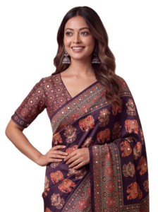 Purple Digital Print Ajrak <b>Saree</b> With <b>Red</b> Motifs For Women Traditional Indian Wedding Wear Silk Floor Length Sari - Product Image 4