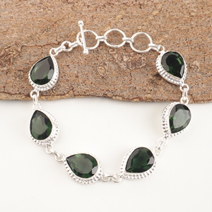 Bracelet en laiton avec pierres précieuses en tourmaline verte, argent sterling 925, coupe en forme de poire, bijoux fantaisie pour femmes. - Product Image 4