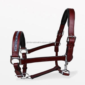 Cabestro de caballo de cuero genuino marrón decorativo ostentoso con cristales azules personalizados con doble costura y doble hebilla de níquel - Product Image 4