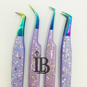 <b>Top</b> Trend Sustainable Stainless Steel Eyelash Extensions Tweezers Purple Glitter Tweezers 45 Degree Curved Eyelash Tweezers - Product Image 3
