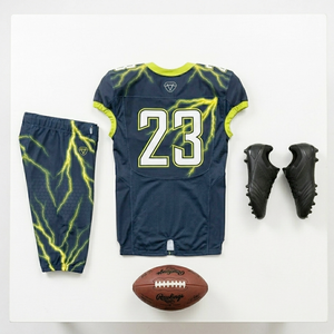 Conjunto de Uniforme de Fútbol Americano de Última Tendencia en Negro y Blanco con Estampado de Rayos por Sublimación, Personalizado, Transpirable, 100% Poliéster, Venta al Por Mayor - Product Image 6